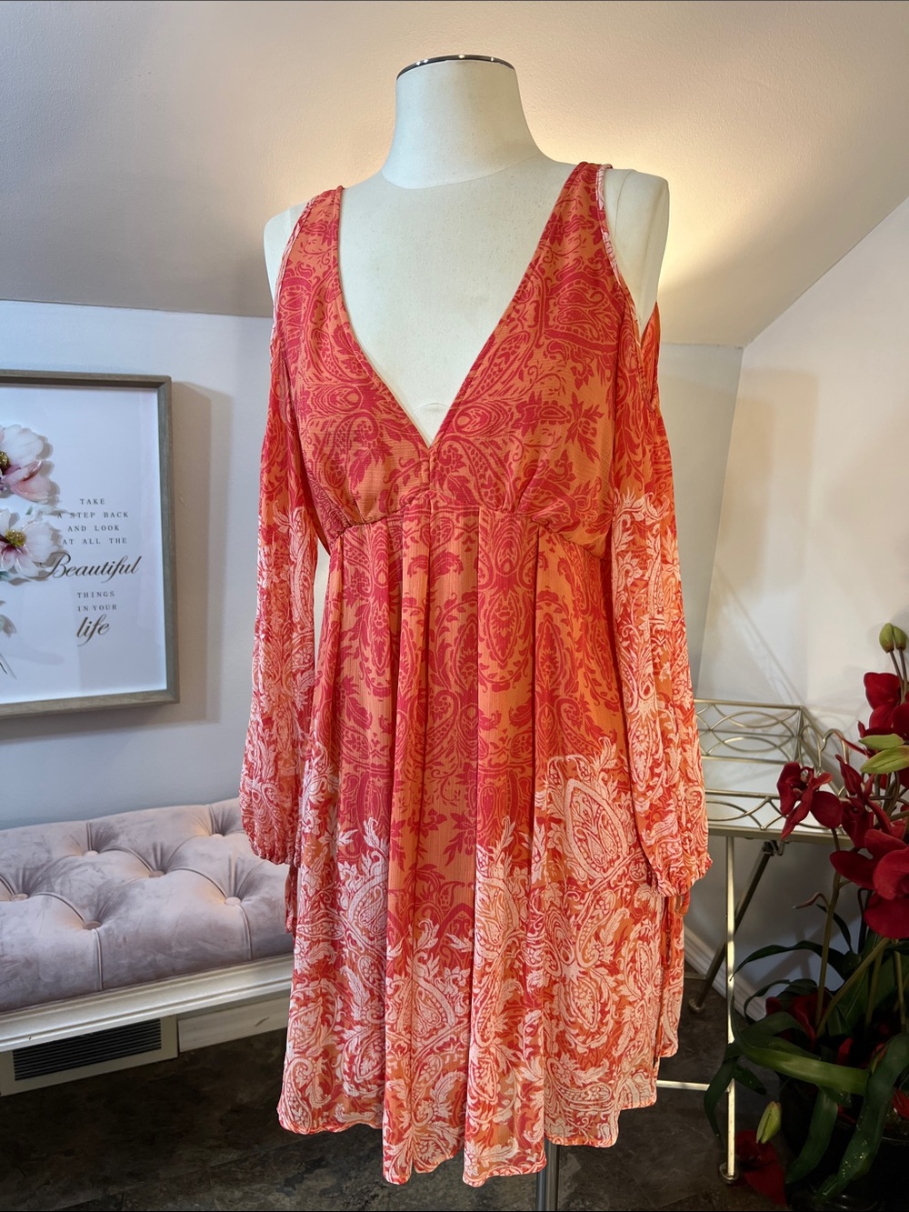 Free People Penny Lover Cold Shoulder Mini Dress Boho V-Neck Size Large